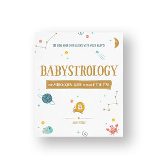 White cover of Babystrology: The Astrological Guide to Your Little Star features small whimsical illustrations of various constellations, animals, and celestial symbols