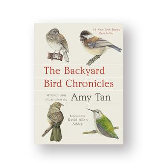 Cover of The Backyard Bird Chronicles by Amy Tan features four bird illustrations around the central title text