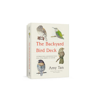 White box of The Backyard Bird Deck cards by Amy Tan, featuring four colorful bird illustrations
