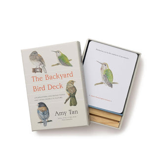 Box of The Backyard Bird Deck cards with lid removed to show top card and wooden easel inside