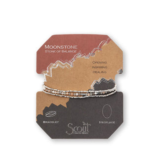 Moonstone and silver beaded bracelet/necklace wrapped around product card with gold foil design details