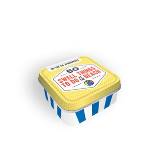 Square On-The-Go: 50 Swell Things to Do at the Beach game tin with yellow patterned lid and white and blue striped bottom