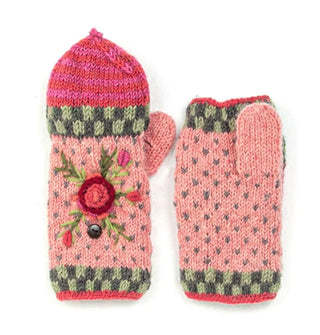 Pair of convertible mittens feature colorful jacquard knit in a predominantly pink color palette with raised floral embroidery accents