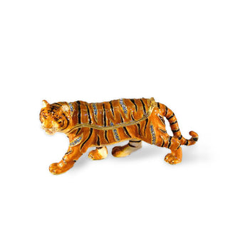 Enameled tiger box with gold hardware, orange body, black stripes, and other stripes accented with clear crystals