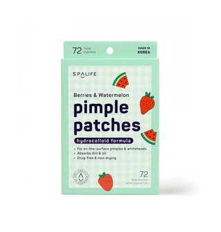 Rectangular green 72-pack of Spa Life Berries & Watermelon Hydrocolloid Formula Pimple Patches with strawberry and watermelon graphics