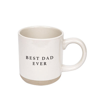 White stoneware mug with matte brown base says, "Best dad ever" in uppercase black lettering