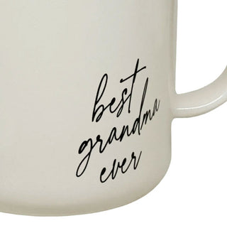 Closeup of black "Best grandma ever" script on white mug
