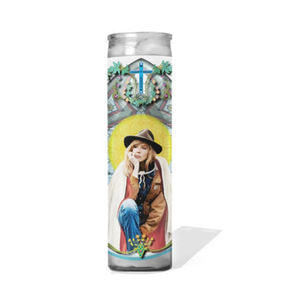 Tall glass prayer candle with label illustration depicting the character Beth Dutton from Yellowstone as a saint