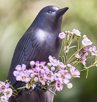 Black porcelain bird bud vase with small purple flower bunches inserted into its bud openings