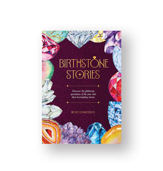 Cover of Birthstone Stories features a maroon center around which are colorful gemstone illustrations