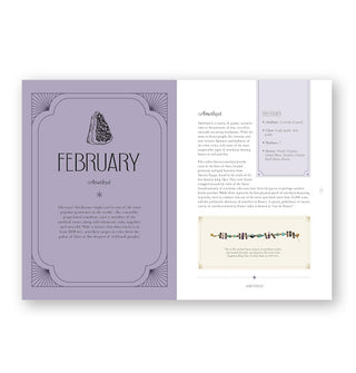 Page spread from Birthstone Stories features a chapter about February and amethyst