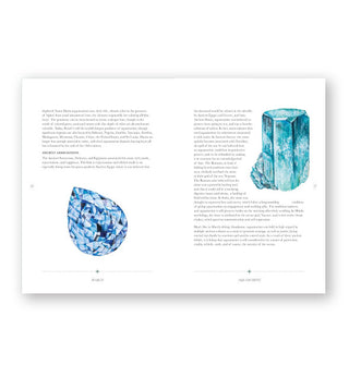 Page spread from Birthstone Stories features two large blue gemstone illustrations