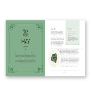 Page spread from Birthstone Stories features a chapter about May and emerald