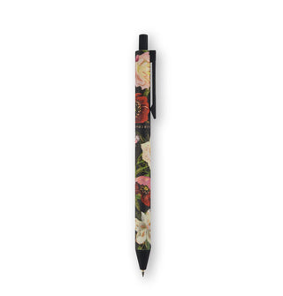 Floral patterened click-top ballpoint pen with black accents