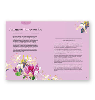 Page spread from Blossom features a section on Japanese honeysuckle with large illustration of the plant on a pink background