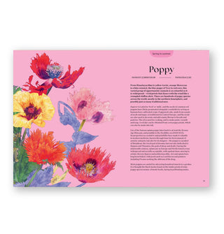 Page spread from Blossom features a section on the Poppy with large illustration of the plant on a dark pink background