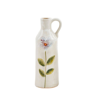Tall white stem vase with handle features hand-painted blue flower design