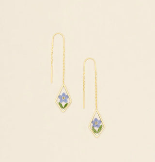 Pair of gold threader earrings with a diamond-shaped dangle containing resin-encased pressed blue forget-me-nots and green leaves