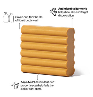 Gold square ribbed cleansing bar is labeled with its key benefits accented by infographics