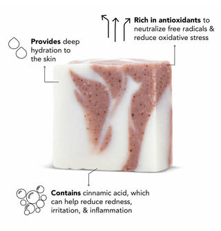 Swirled, flecked pink and white cleanser bar is labeled with its key benefits accented with infographics