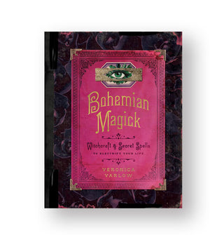 Cover of Bohemian Magick: Witchcraft & Secret Spells to Electrify Your Life by Veronica Varlow features a mottled black and pink border with pink center accented with an eye illustration at the top