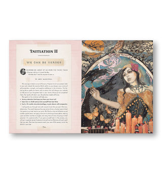 Page spread from Bohemian Magick features a chapter titled, "Initiation II: We Can Be Heroes" alongside illustration of a woman, crow, butterflies, and candles framed by tree branches