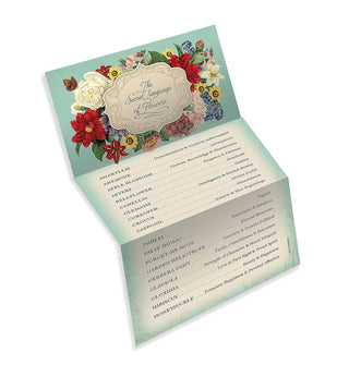Decorative tri-fold sheet titled, "The Secret Language of Flowers" lists flowers alphabetically from Amaryllis to Honeysuckle alongside their meanings