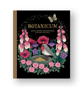 Black cover of Botanicum Special Edition Coloring Book Illustrated by Maria Trolle features a colorful floral motif at the center of which is a bird perched on a nest containing three eggs
