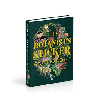 Dark green cover of The Botanist's Sticker Anthology, featuring lush floral illustrations as the backdrop for gold title text