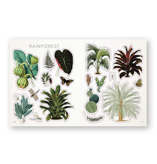 Page spread from The Botanist's Sticker Anthology features designs with a tropical ("Rainforest") theme