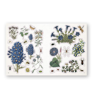 Page spread from The Botanist's Sticker Anthology features designs with a blue and purple color theme
