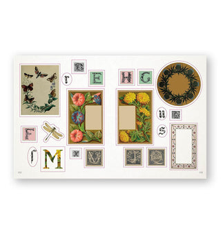 Page spread from The Botanist's Sticker Anthology features bibliographical designs with drop cap-style lettering