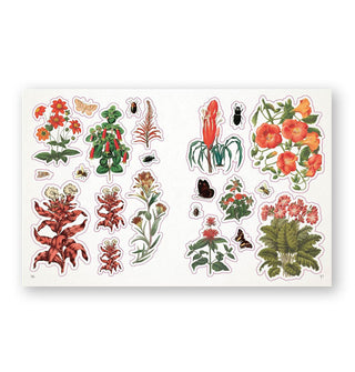 Page spread from The Botanist's Sticker Anthology features designs with a red and orange color theme
