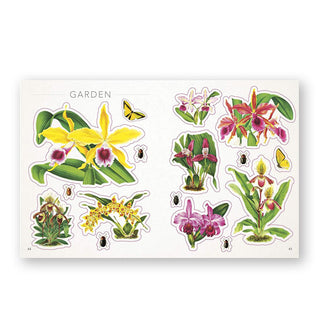 Page spread from The Botanist's Sticker Anthology titled, "Garden" and featuring yellow and pink irises