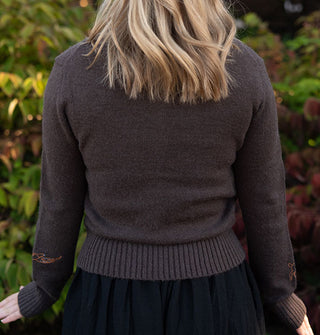 Model facing away from the camera wears a brown long-sleeved sweater against a botanical backdrop