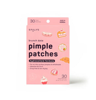 Rectangular pink 30-pack of Spa Life Brunch Date Hydrocolloid Formula Pimple Patches with kawaii food graphics