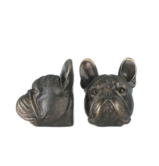 Set of two bulldog head-shaped bronze-effect bookends, one in profile view and the other forward-facing