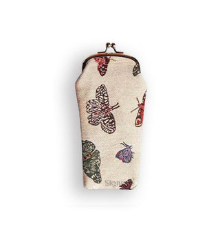 Fabric eyeglass pouch with gold kisslock frame and hardware features butterfly print