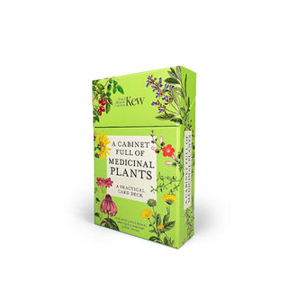 A Cabinet Full of Medicinal Plants card deck box is green with colorful flower illustrations near and around its edges