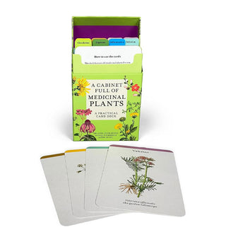 Opened Cabinet Full of Medicinal Plants card deck box with four cards removed and set to the foreground