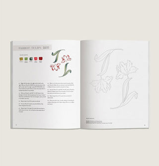 Page spread from Café in Bloom watercolor workbook features a section on Parrot Tulips