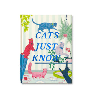 Cover of Cats Just Know by M.H. Clark features an illustration by Emily Taylor of five colorful cats playing in a homey scene