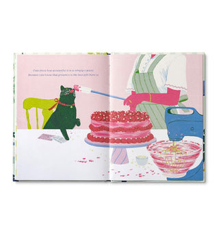 Fully illustrated page spread from Cats Just Know features image of a baker feeding their cat icing off a spatula