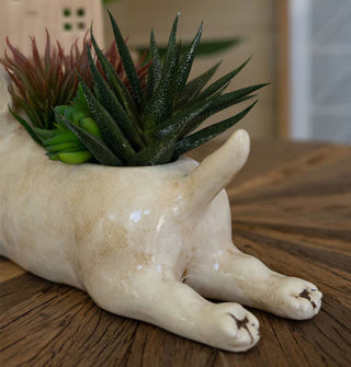 Closeup of the outstretched hind legs and tail on the ceramic bull terrier planter/vase