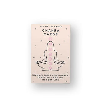 Light peach-colored box of 100 Chakra Cards with outlined drawing of a figure in lotus pose with the seven chakras represented in pink and the subtitle, "Channel More Confidence, Creativity and Joy in Your Life" at the bottom