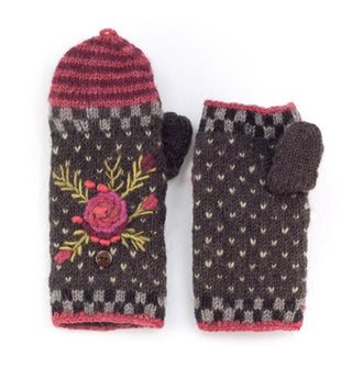 Pair of convertible mittens feature colorful jacquard knit in a predominantly charcoal and purple color palette with raised floral embroidery accents
