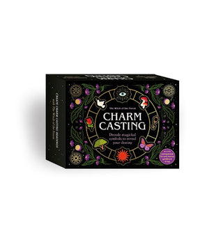 Black rectangular Charm Casting kit box accented with colorful botanical and celestial illustrations