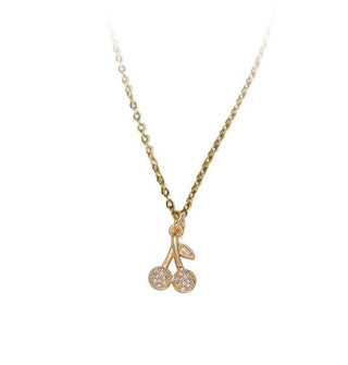 Gem-encrusted gold cherries pendant on gold chain