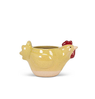 Ceramic chicken-shaped planter with shiny yellow body and red comb and wattle