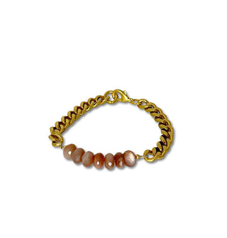 Seven brown faceted rounded moonstones on a bracelet with chunky brass curb chain